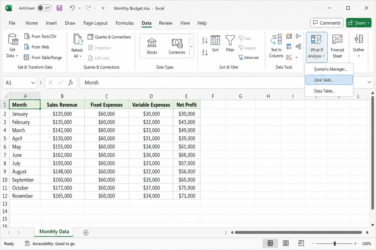 Excel Data tab with What-If Analysis dropdown open and Goal Seek highlighted in the Forecast group