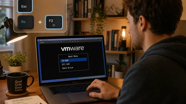 Person at a wooden desk using a MacBook; on-screen boot menu shows CD-ROM, EFI DVD, and Hard Drive options with a highlighted selection while a key-overlay diagram (Esc, Fn, F2) glows in the upper left corner.