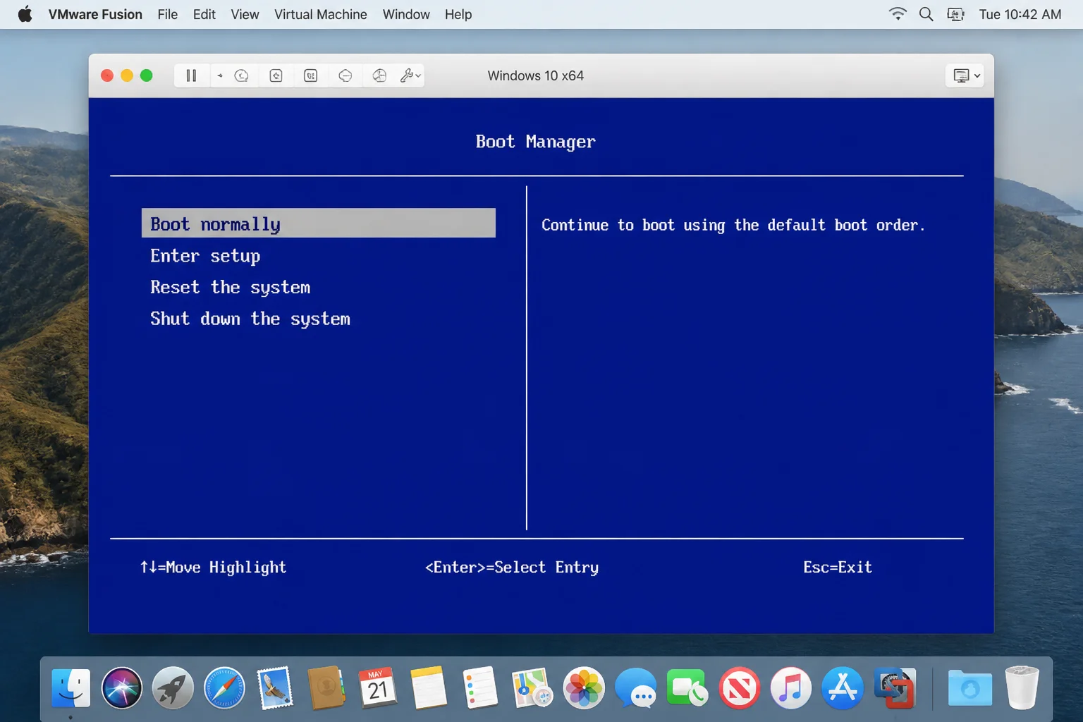 VMware Fusion VM window showing the firmware splash screen at startup with the VM window active and a boot device menu or