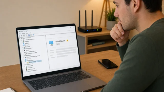 Man seated at a desk, looking at a laptop screen showing Windows Device Manager with the Virtual Adapter highlighted sia.
