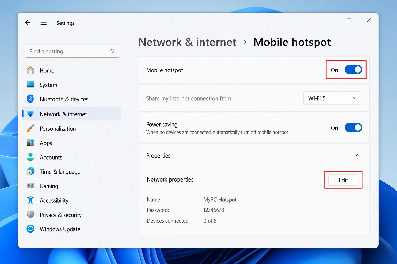 Windows 11 Settings > Network & Internet > Mobile hotspot, showing the toggle switched On and the Edit button for network name and password