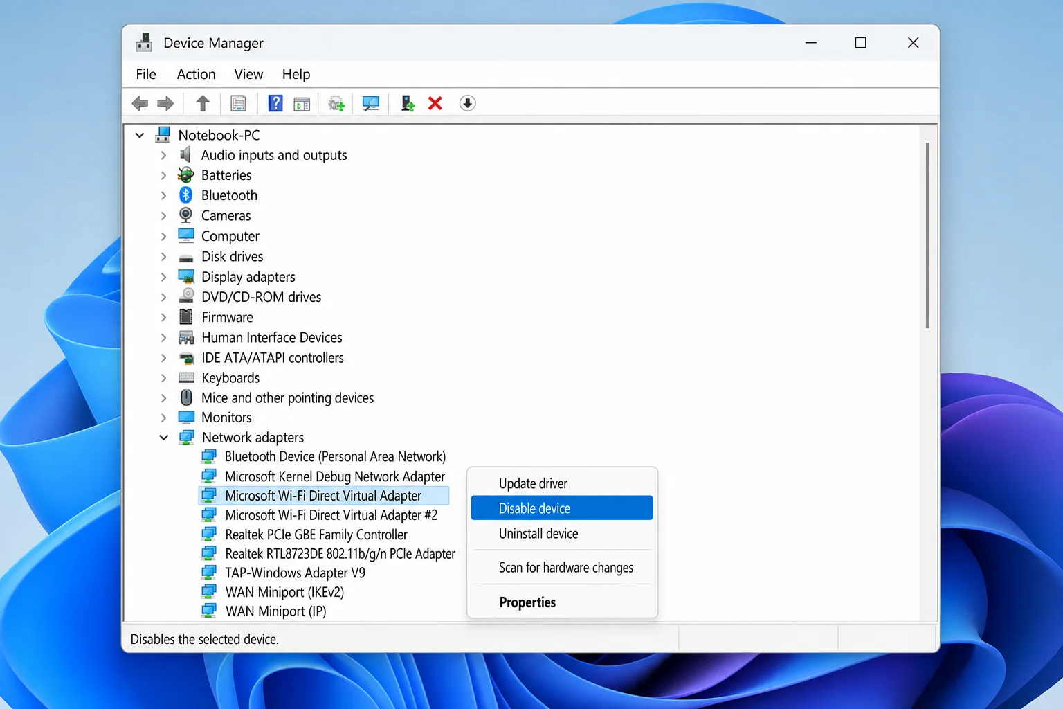 Device Manager with Network adapters expanded, View > Show hidden devices enabled, and Microsoft Wi-Fi Direct Virtual Adapter visible with right-click context menu showing Disable device and Uninstall device options