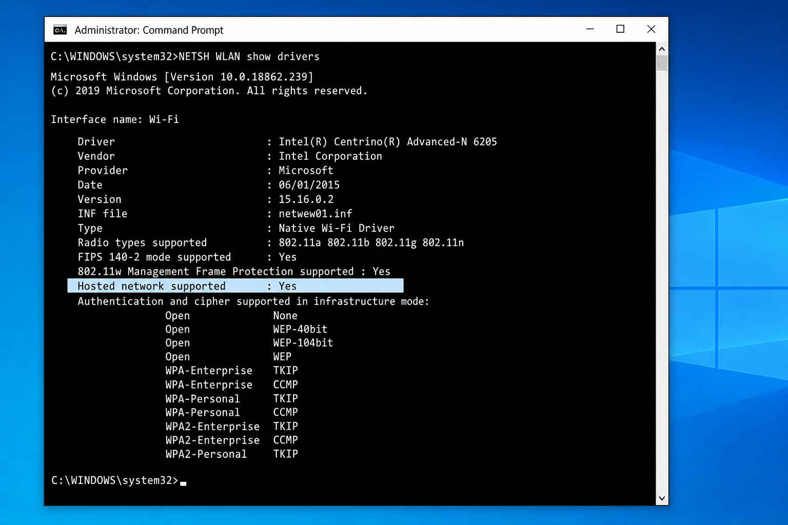 Administrator Command Prompt showing output of "netsh wlan show drivers" with the "Hosted network supported : Yes" line visible