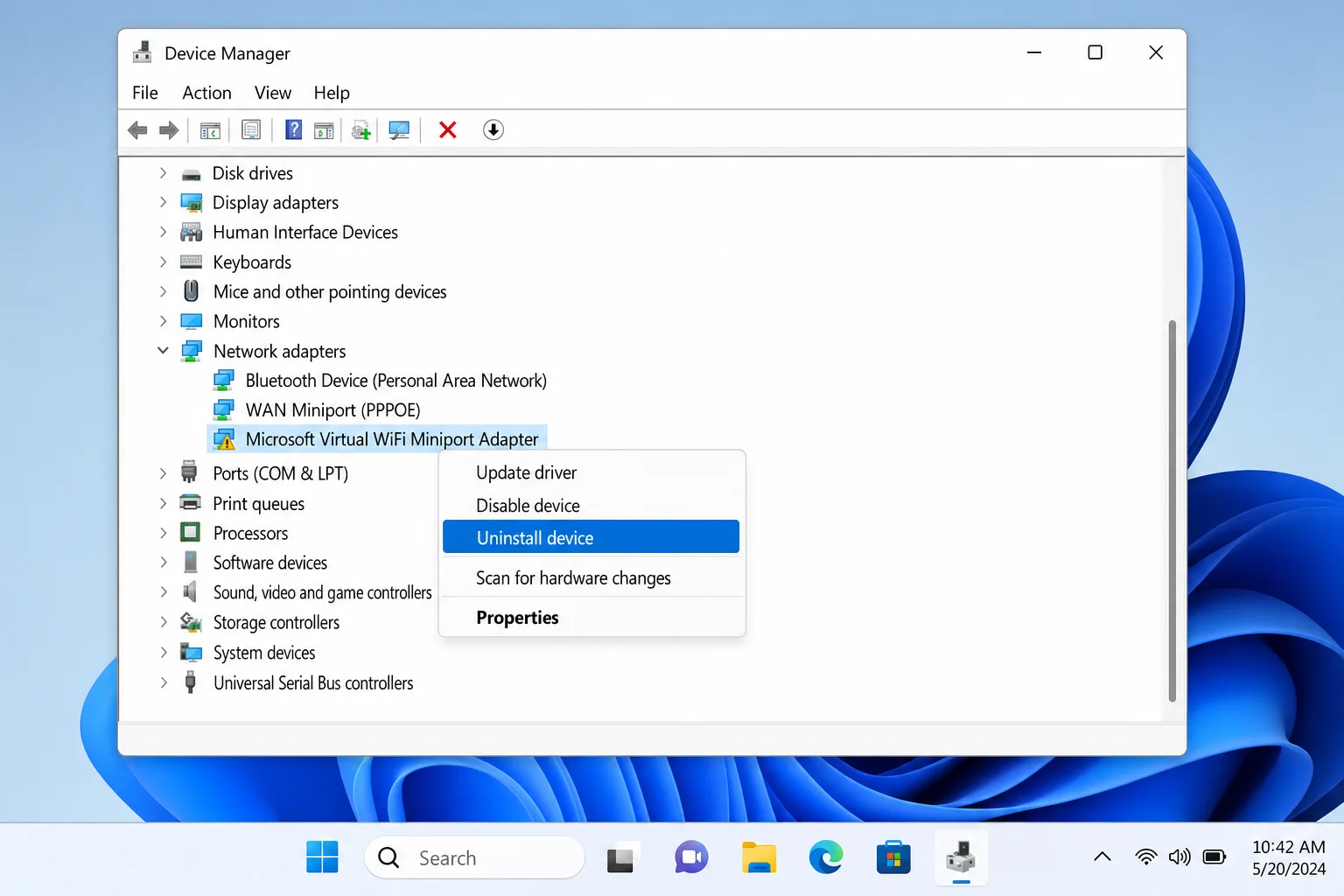 Device Manager showing a Wi-Fi adapter with a yellow warning icon, right-click context menu open with "Uninstall device" highlighted
