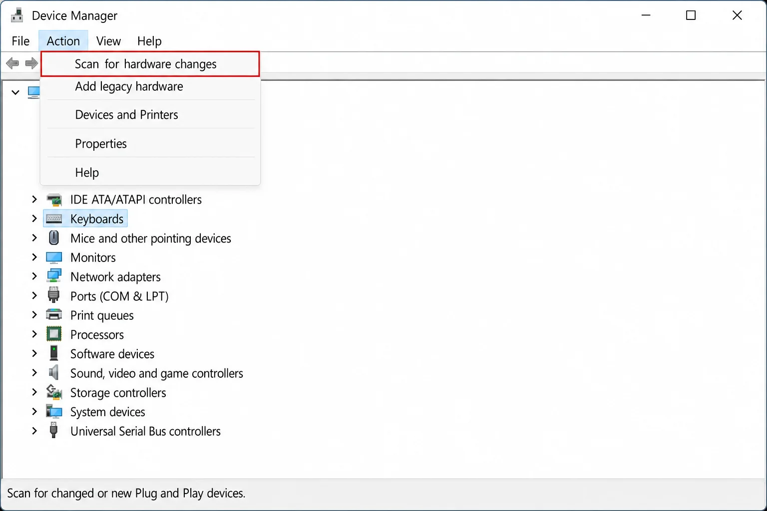 Device Manager with Action menu open, showing "Scan for hardware changes" option