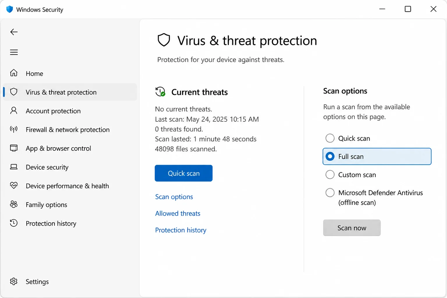 Windows Security Virus & threat protection page showing Scan options with Quick scan and Full scan choices and the Scan now button