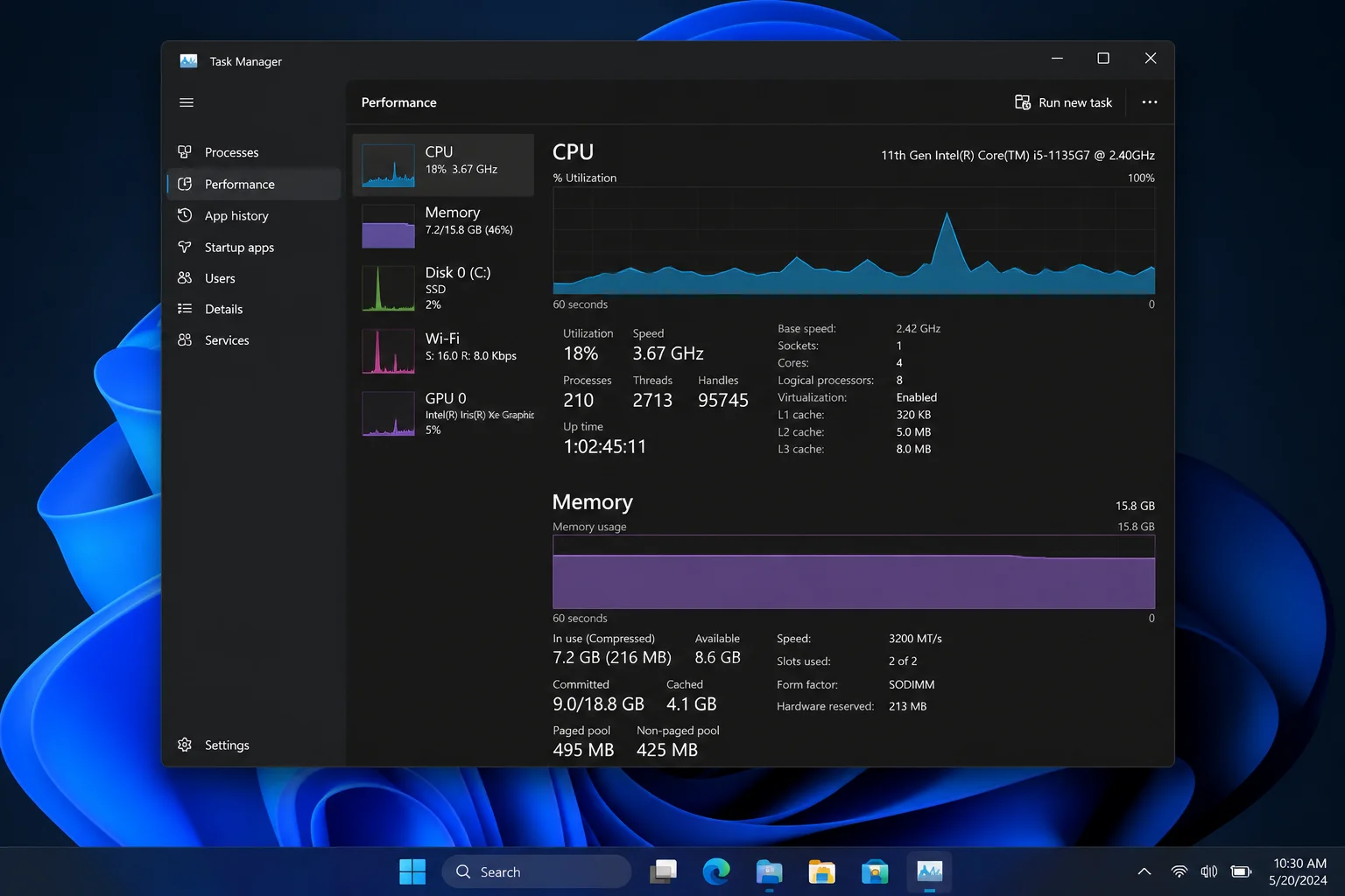 Task Manager opened via Ctrl+Shift+Esc showing the taskbar and desktop, illustrating the triage check between a whole-system freeze and a single frozen app