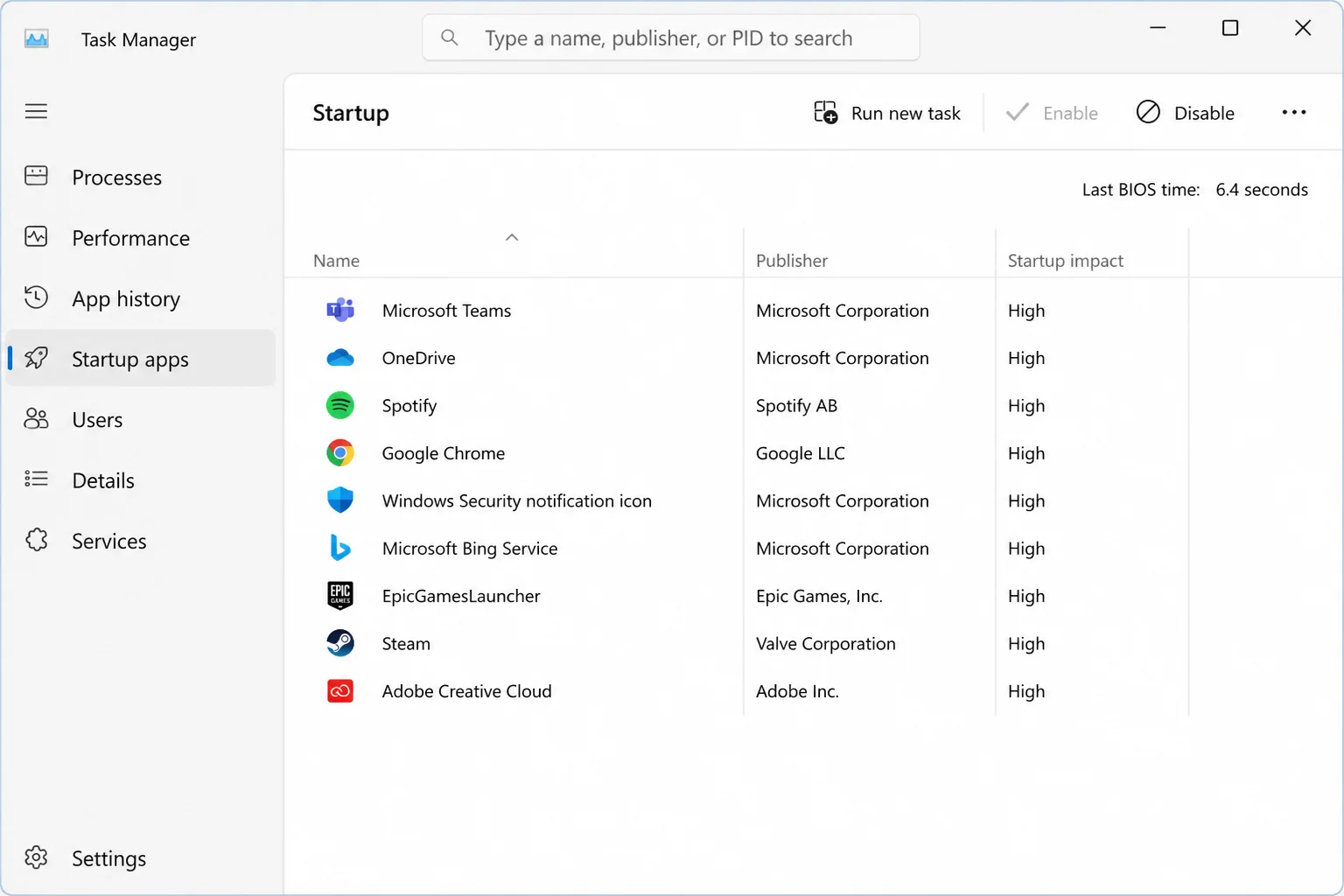Task Manager Startup apps tab listing programs with Name, Publisher, and Startup impact columns, sorted with High-impact items visible