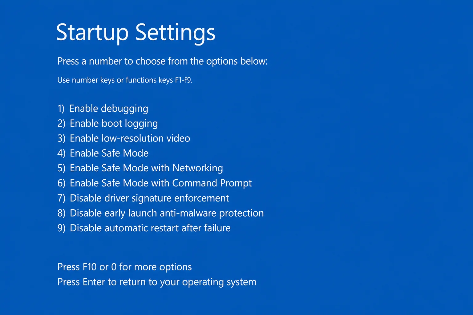 Windows Startup Settings screen listing numbered boot options including Safe Mode and Safe Mode with Networking