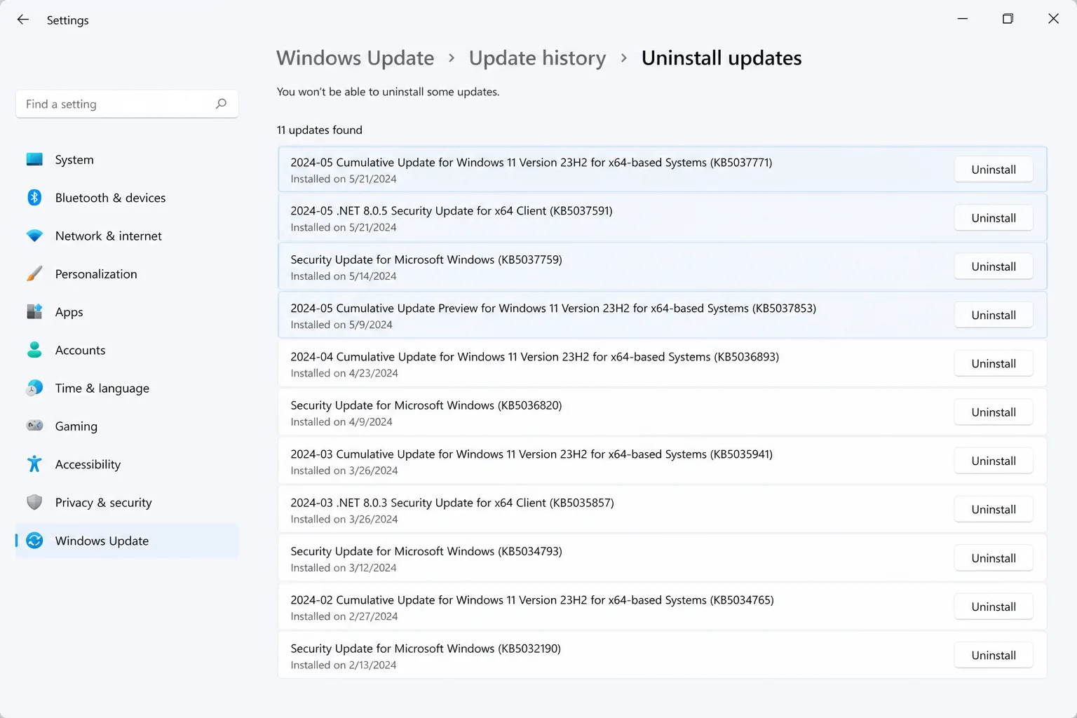 Windows Update history Uninstall updates dialog listing installed updates with an Uninstall button next to a recent entry