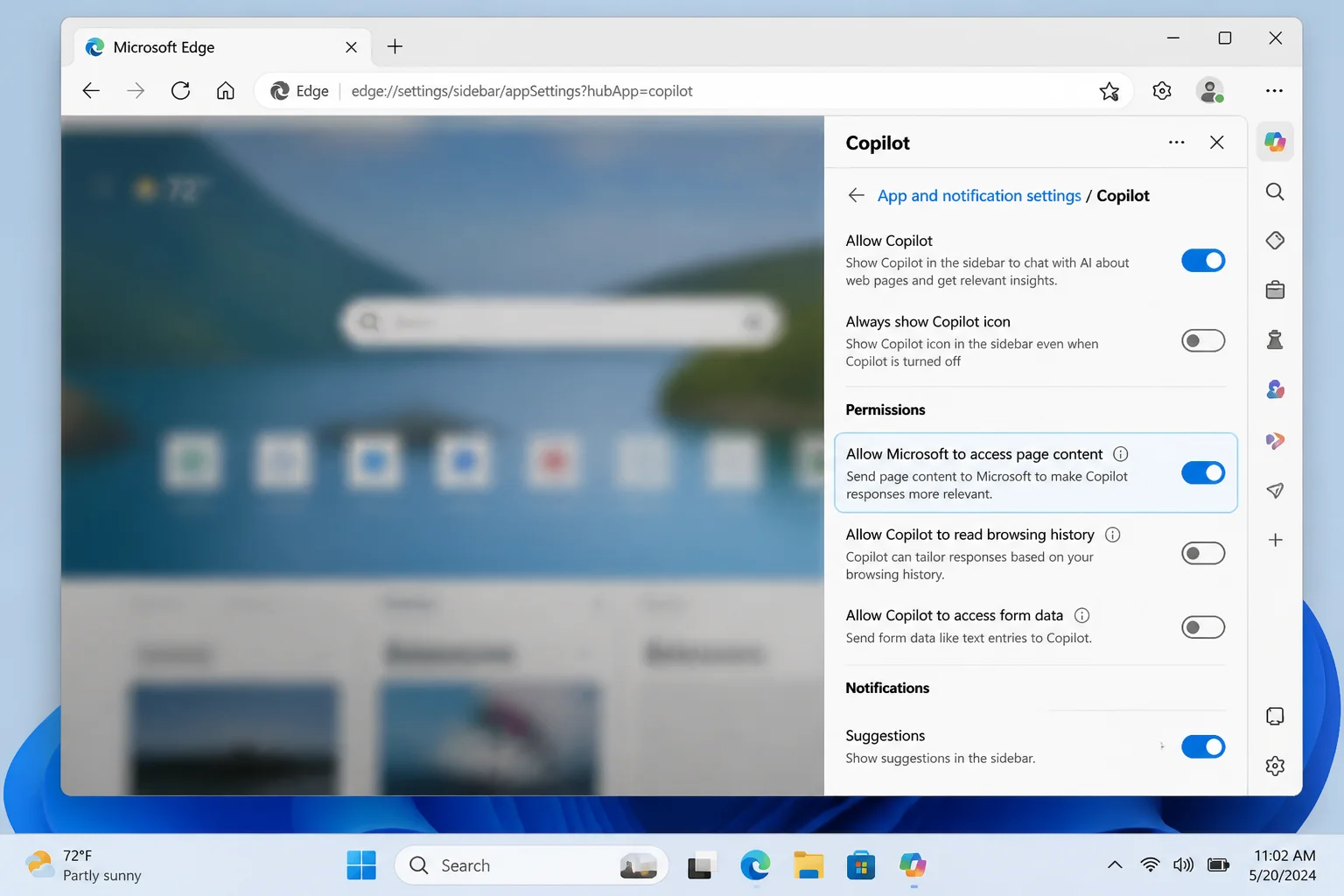 Microsoft Edge sidebar open to Copilot settings, showing the toggle for sharing page content with Copilot