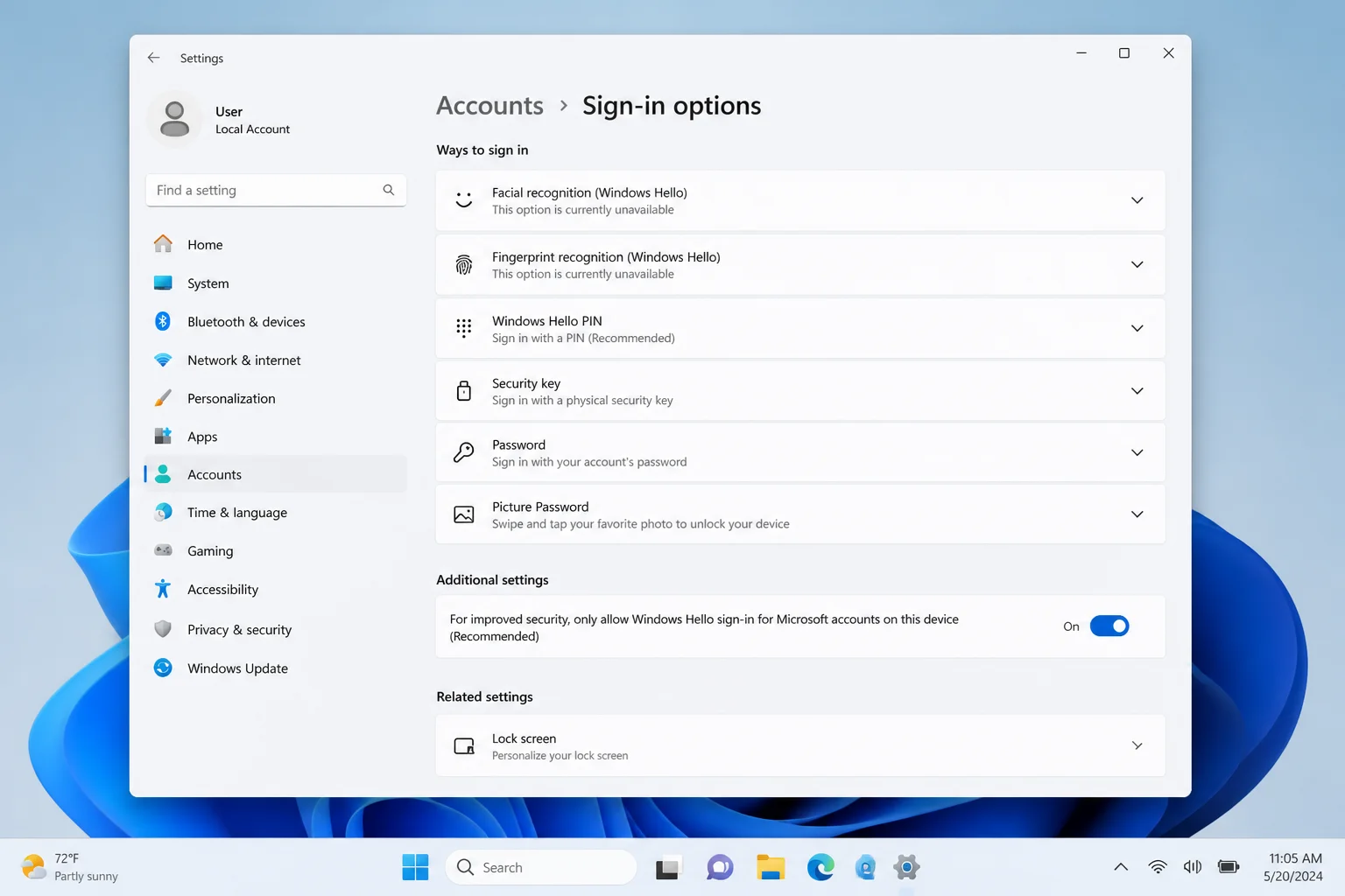 Sign-in options page in Windows 11 Settings under Accounts, showing Windows Hello requirements and dynamic lock settings