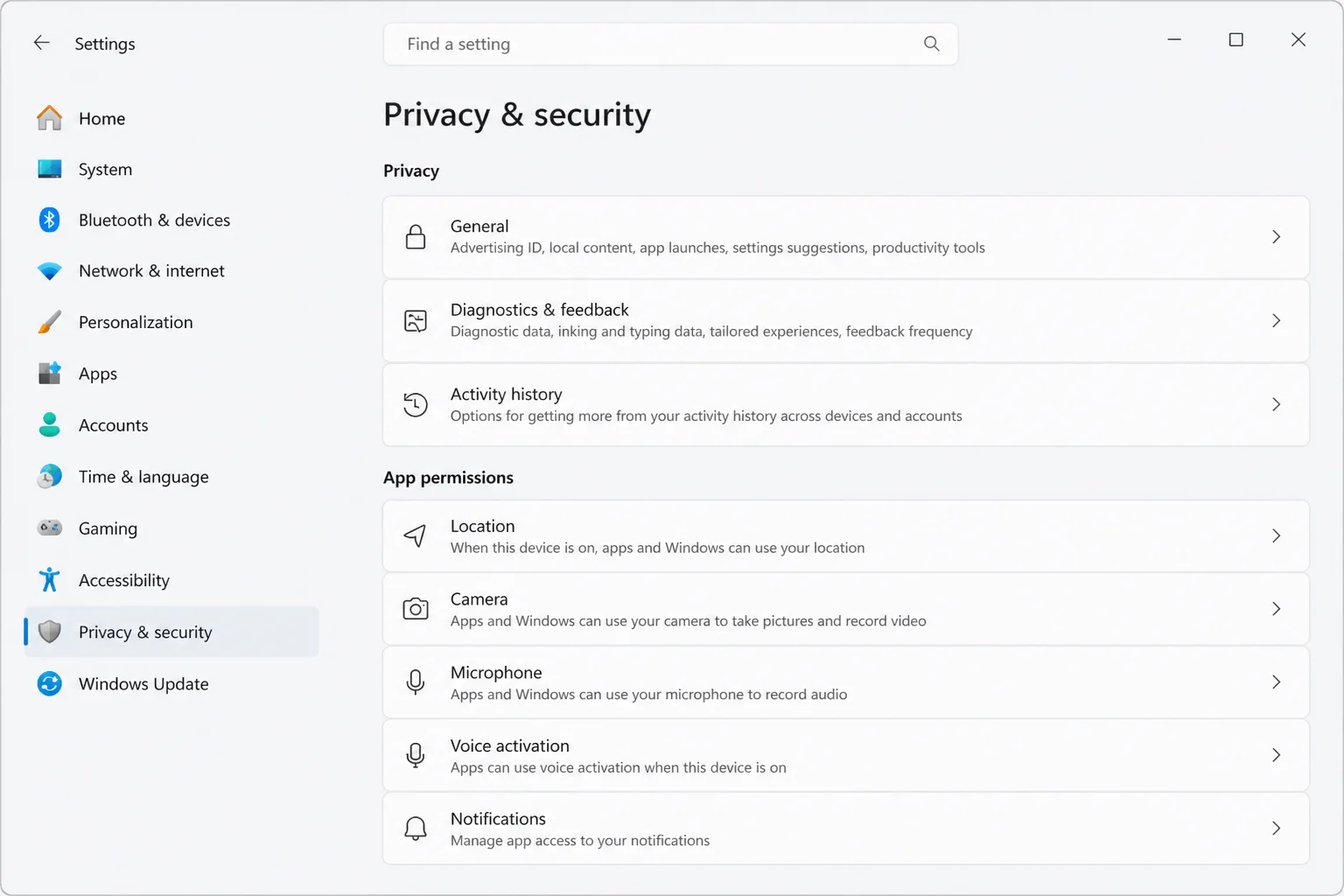 Windows 11 Settings app open to the Privacy & security landing page, showing the full left-hand list of sub-sections including General, Diagnostics & feedback, Activity history, and App permissions