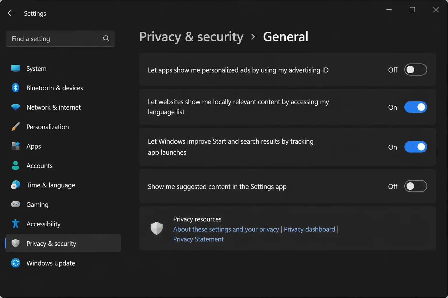 Privacy & security General page in Windows 11 Settings showing the advertising ID toggle switched off, along with the related language-list and suggested-content toggles
