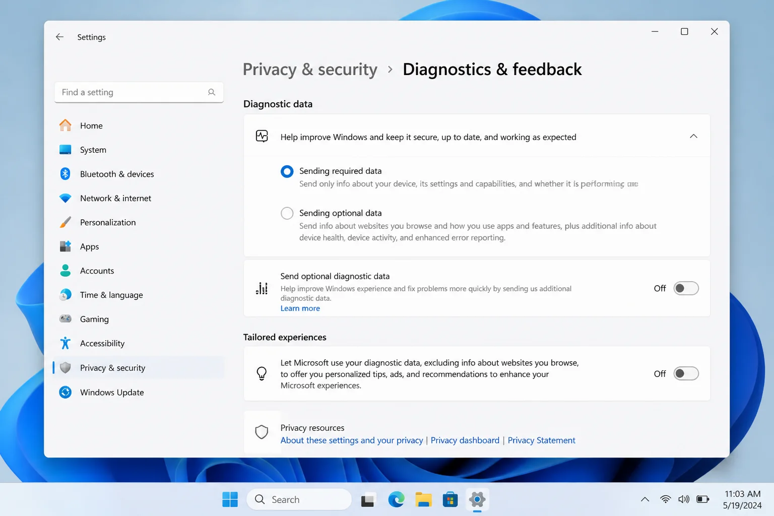 Diagnostics and feedback page in Windows 11 Settings showing the diagnostic data level set to required only and the Tailored experiences toggle switched off