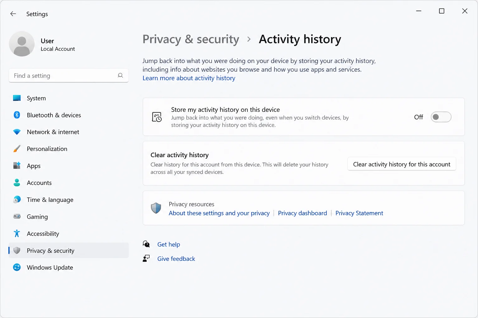 Activity history page in Windows 11 Settings showing the store-activity-history toggle switched off and the Clear activity history button