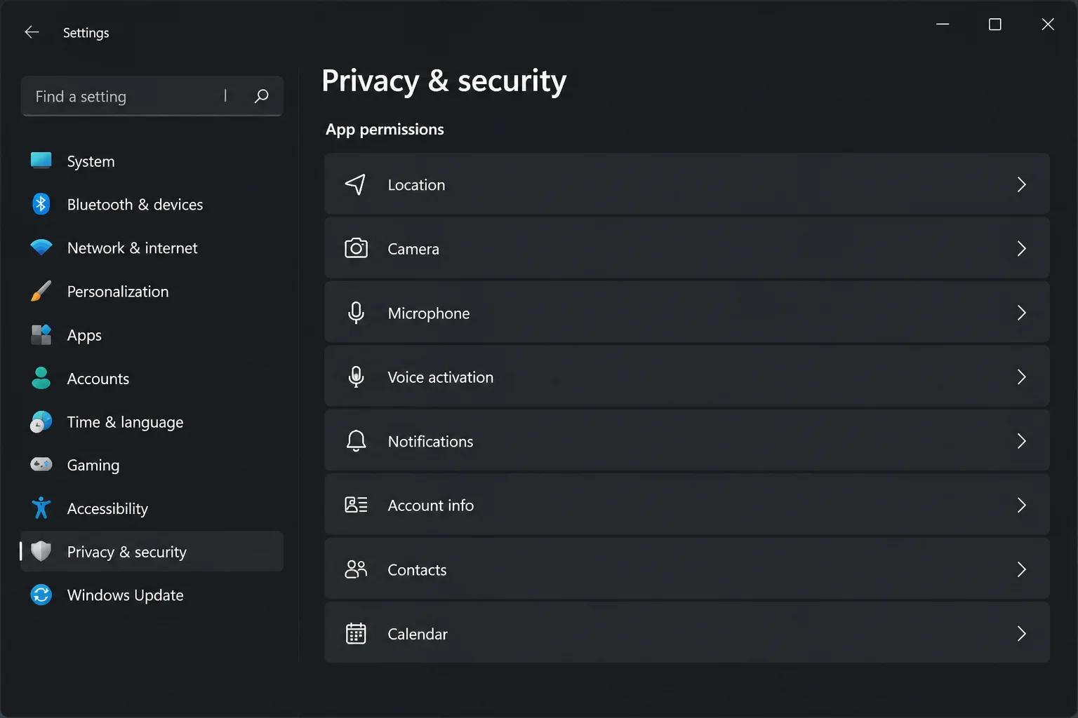 App permissions overview page in Windows 11 Settings listing categories such as Location, Camera, Microphone, Contacts, and Calendar