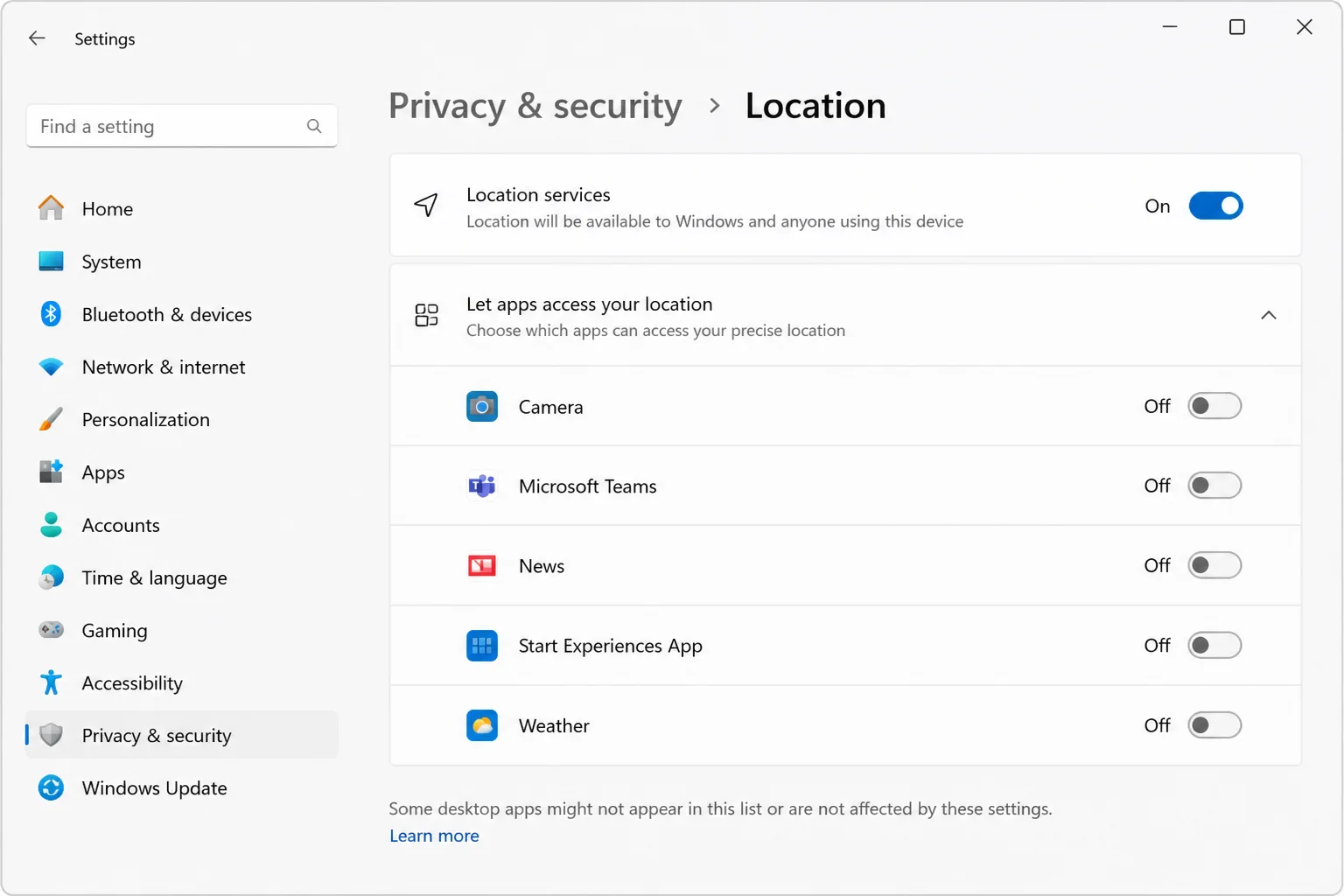 Location permission page in Windows 11 Settings showing the master Location services toggle and the per-app list beneath it