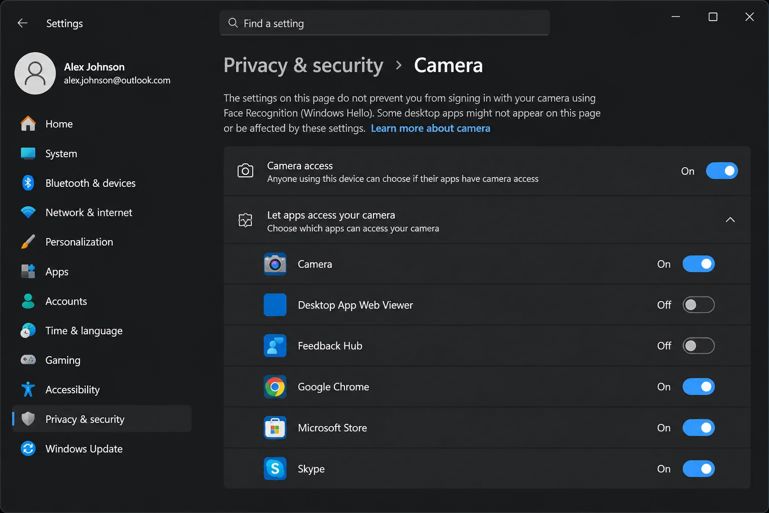 Camera permission page in Windows 11 Settings showing the master camera access toggle and the per-app list beneath it