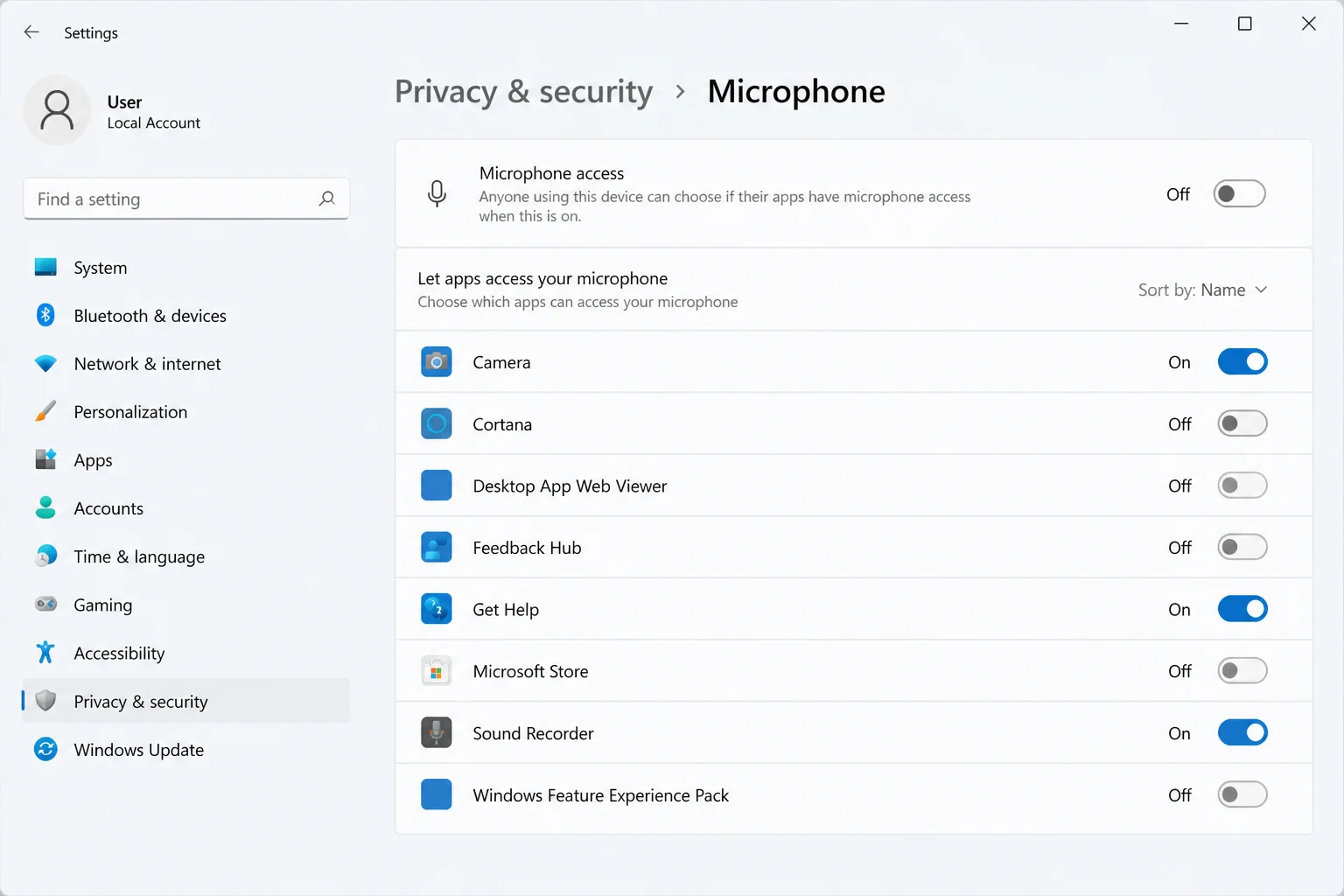 Microphone permission page in Windows 11 Settings showing the master microphone access toggle and the per-app list beneath it