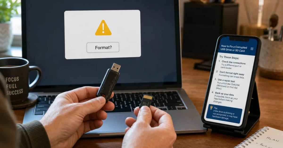 Hands holding a USB drive and an SD adapter in front of a laptop that shows a 'Format?' warning on screen.