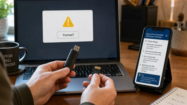 Hands holding a USB drive and an SD adapter in front of a laptop that shows a 'Format?' warning on screen.