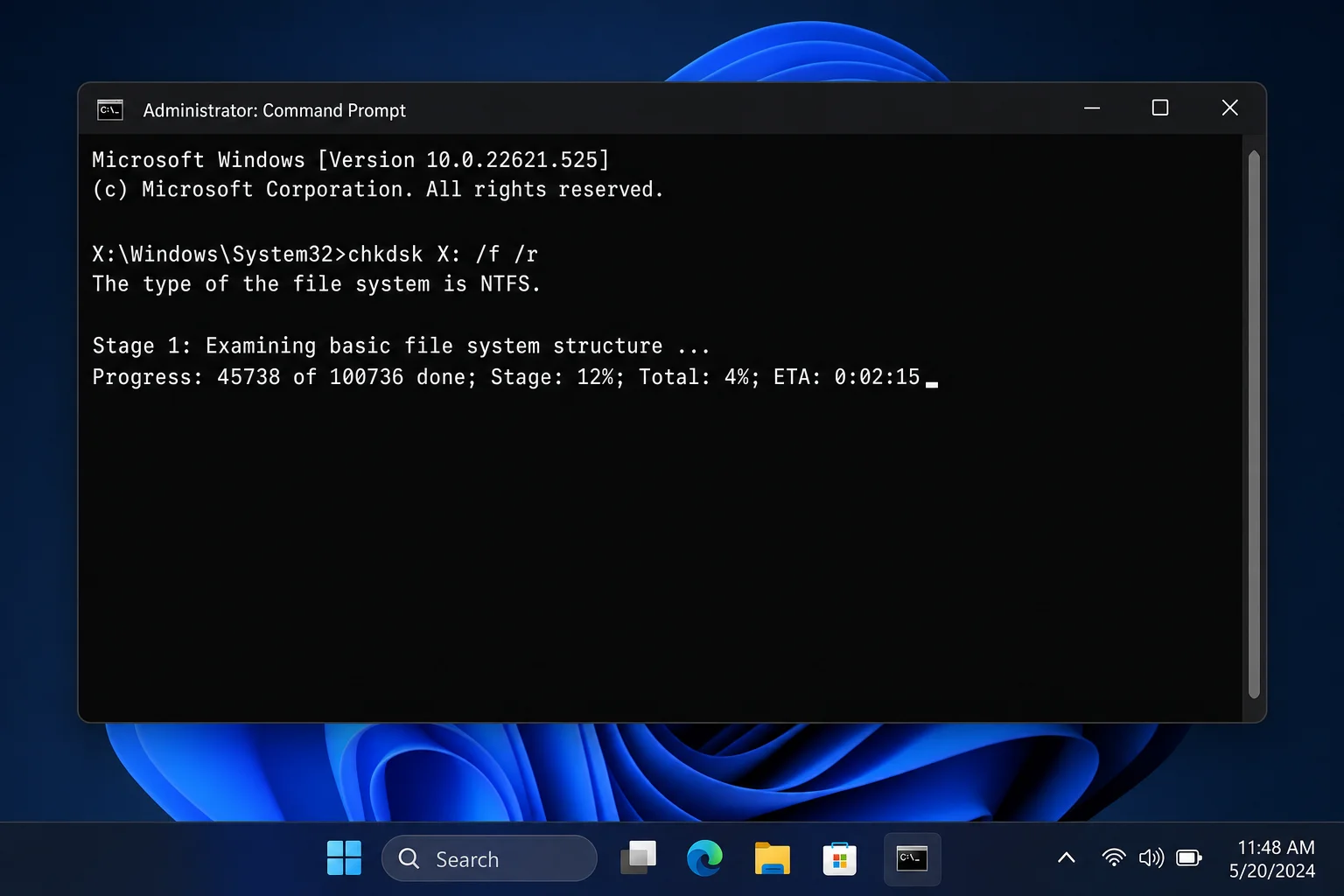 Windows Terminal (Admin) running chkdsk X: /f /r with the scan progress visible