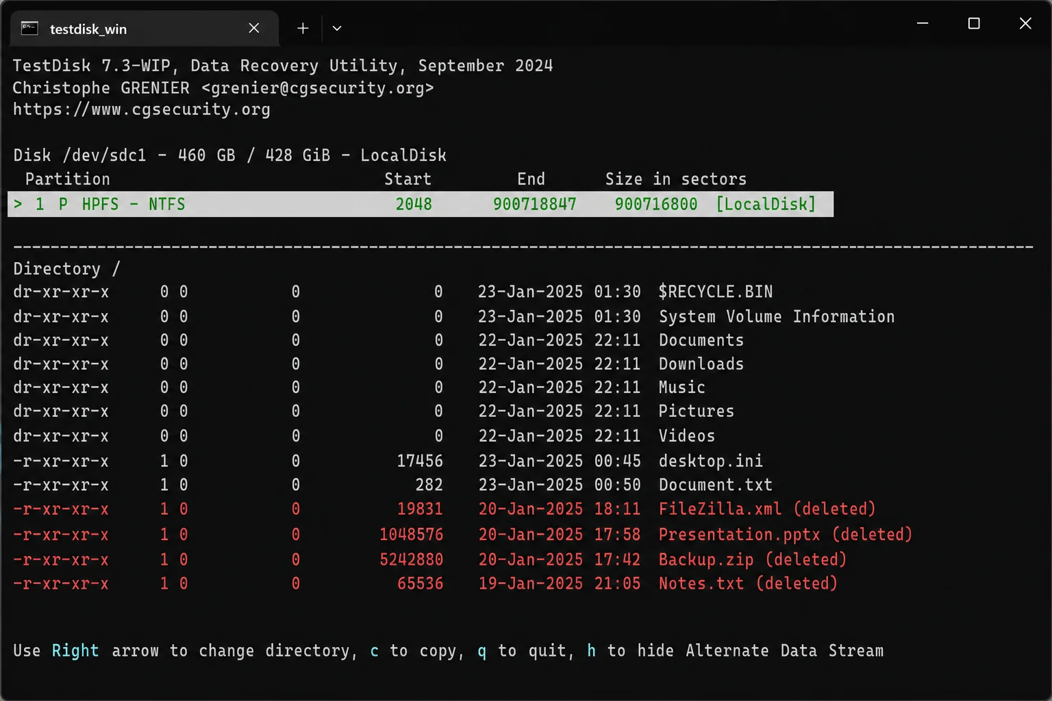 TestDisk partition analysis screen showing a found partition with file listing visible