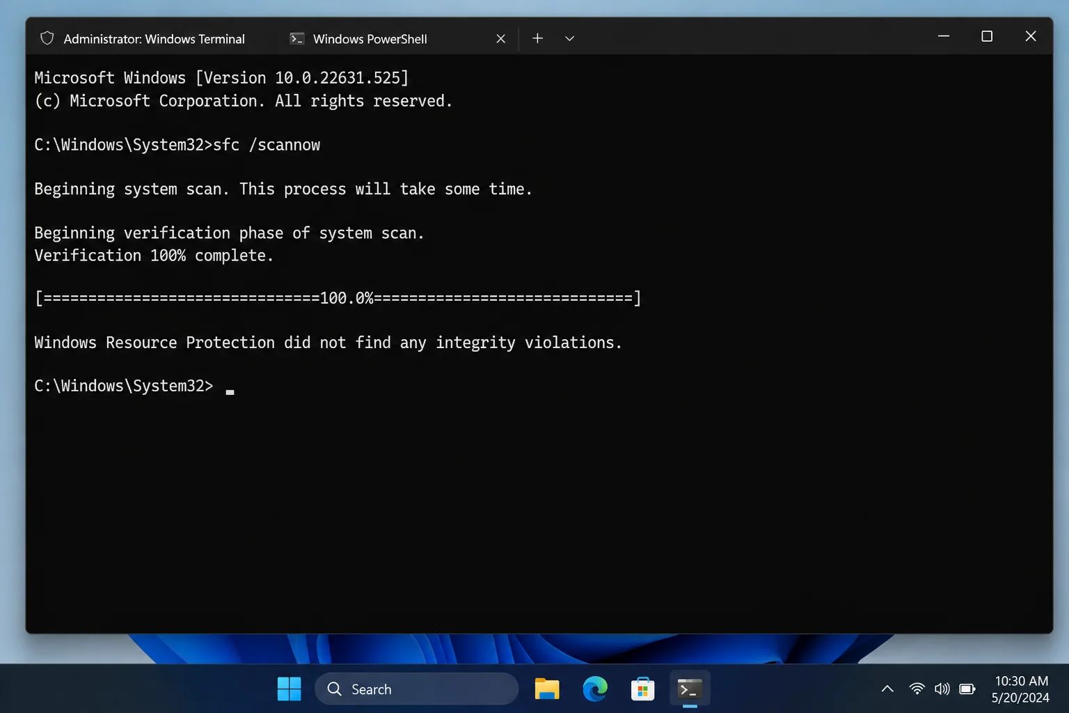 Show an elevated Windows 11 terminal running sfc /scannow, build 10.0.22621.525 or newer, verification progress bar visible.