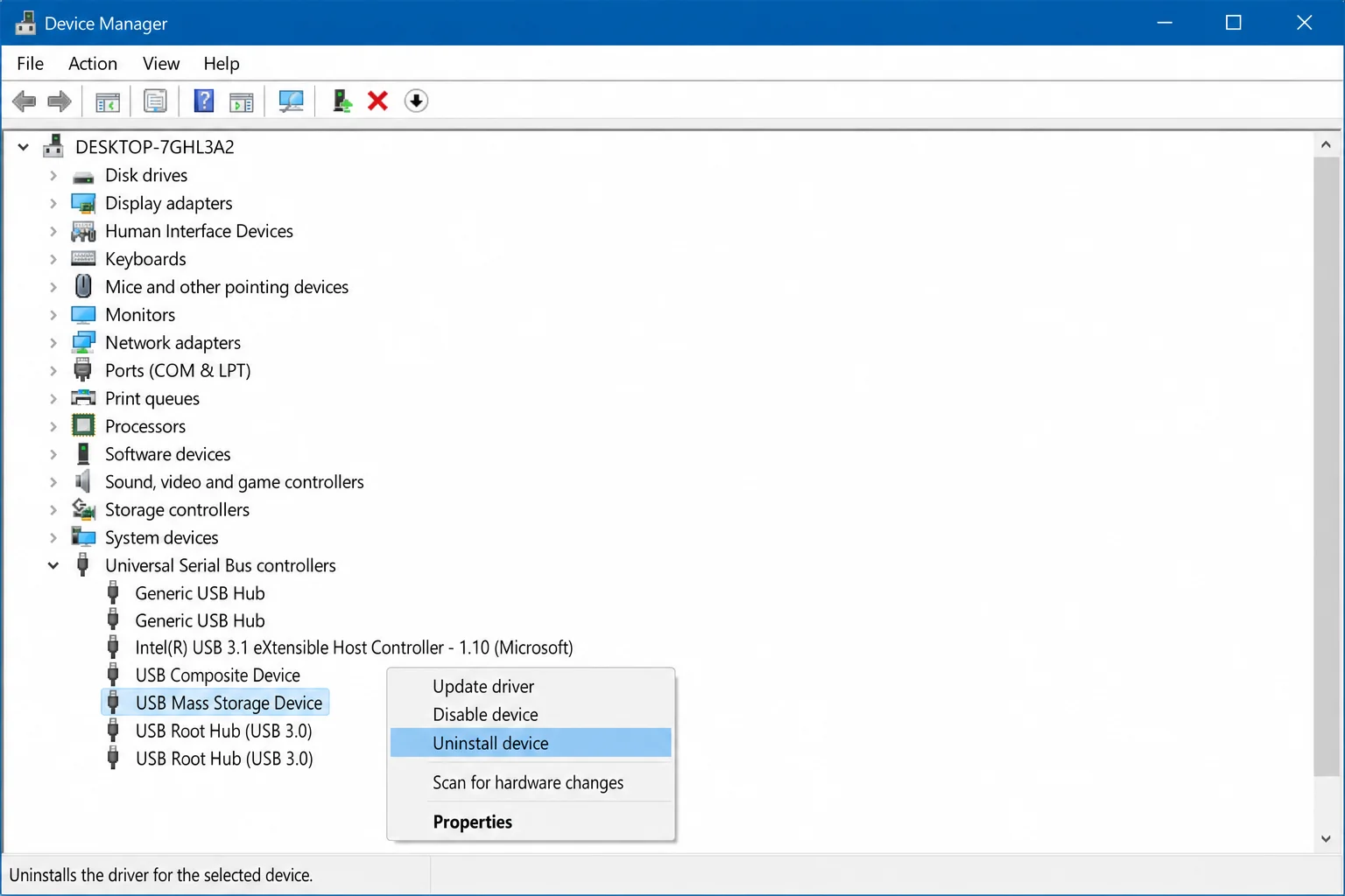 Device Manager with Universal Serial Bus controllers expanded, right-click context menu showing Uninstall device option