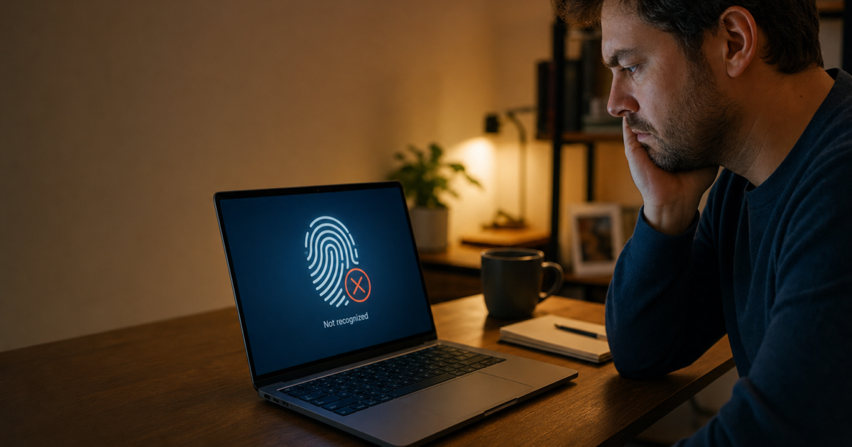 Man sits at a wooden desk, looking at a laptop displaying a fingerprint icon and the 'Not recognized' error message on screen.