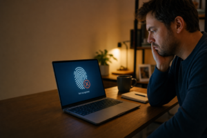Man sits at a wooden desk, looking at a laptop displaying a fingerprint icon and the 'Not recognized' error message on screen.