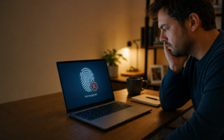 Man sits at a wooden desk, looking at a laptop displaying a fingerprint icon and the 'Not recognized' error message on screen.
