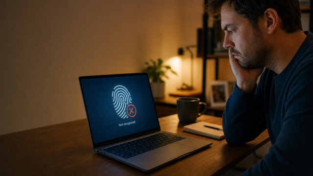 Man sits at a wooden desk, looking at a laptop displaying a fingerprint icon and the 'Not recognized' error message on screen.