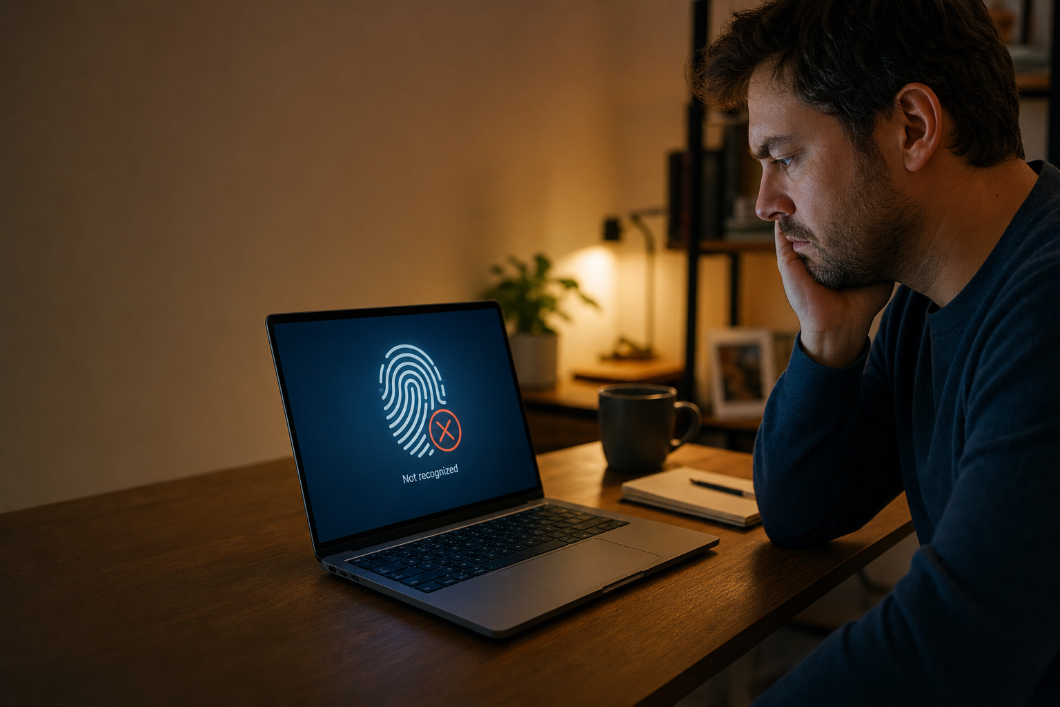 Man sits at a wooden desk, looking at a laptop displaying a fingerprint icon and the 'Not recognized' error message on screen.