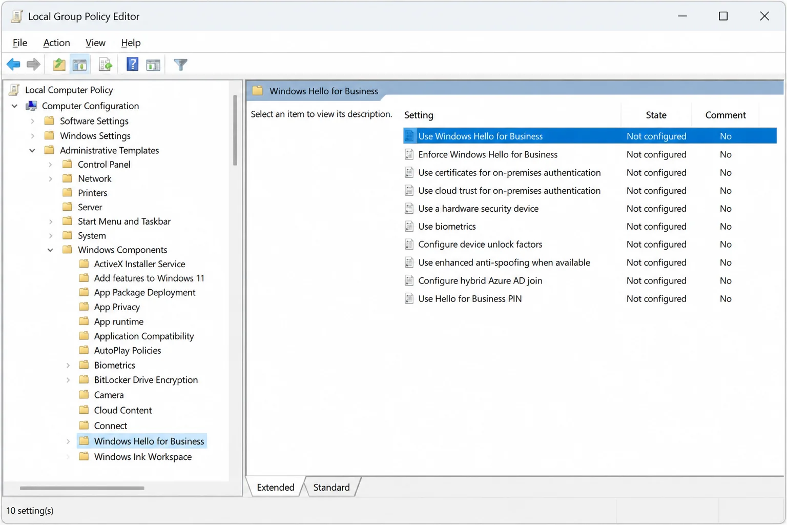 Group Policy Editor navigated to Computer Configuration/> Administrative Templates > Windows Components > Windows Hello for Business, showing the policy list in the right pane with Use Windows Hello for Business highlighted”/></figure>



<ul class=