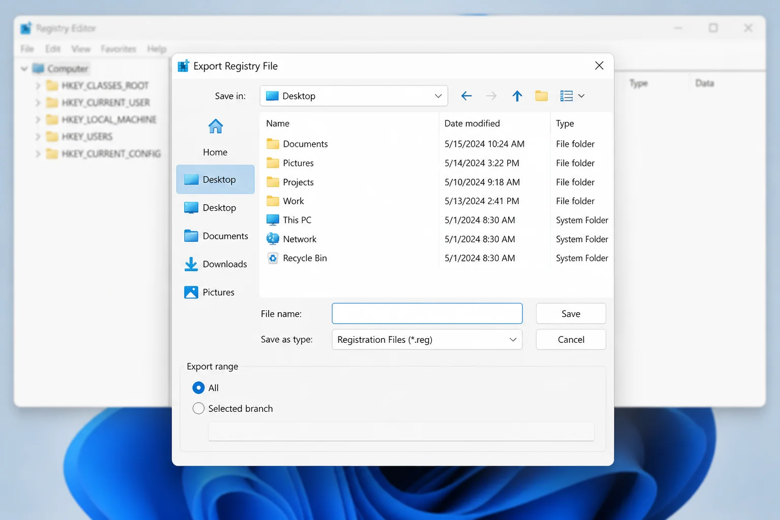 Registry Editor File/> Export dialog showing the export path field and the All export range option selected”/></figure>



<h3 class=