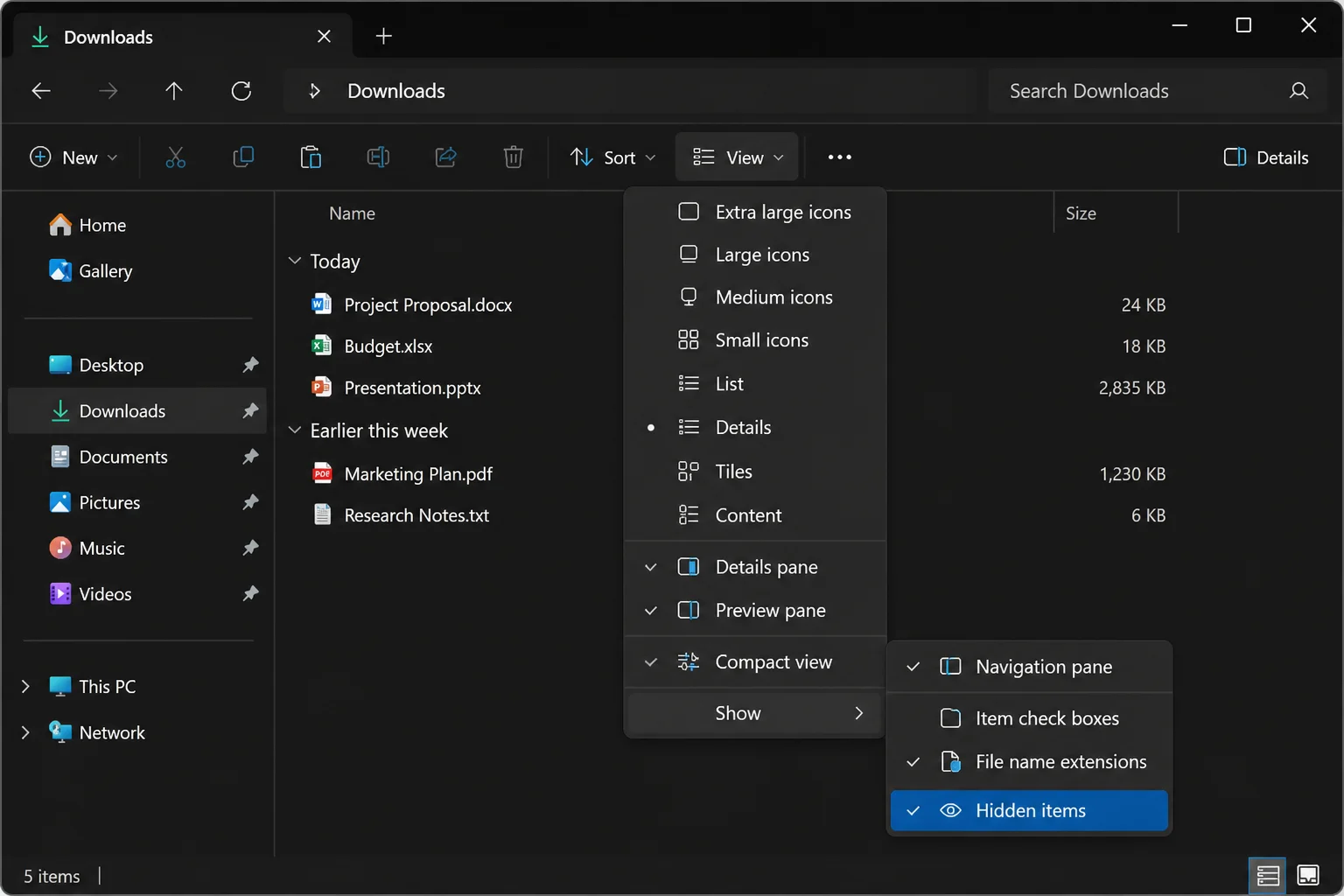 File Explorer showing the View menu open with Show/> Hidden items option highlighted”/></figure>



<h3 class=