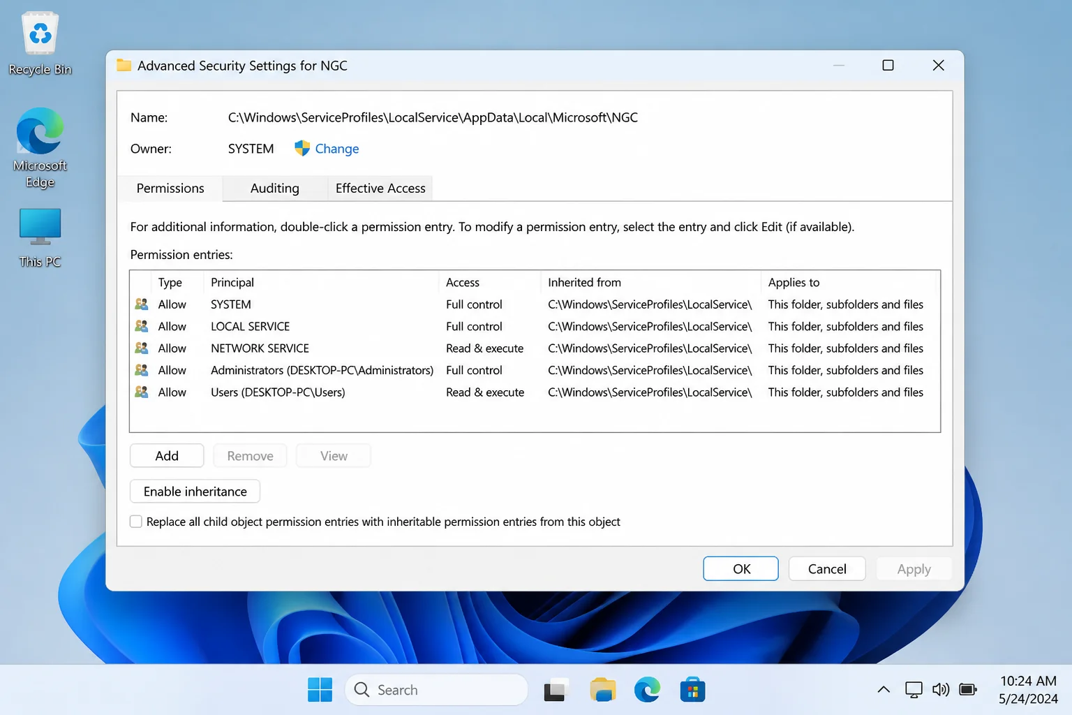 Advanced Security Settings dialog for the NGC folder showing the Owner section at the top and the Change link