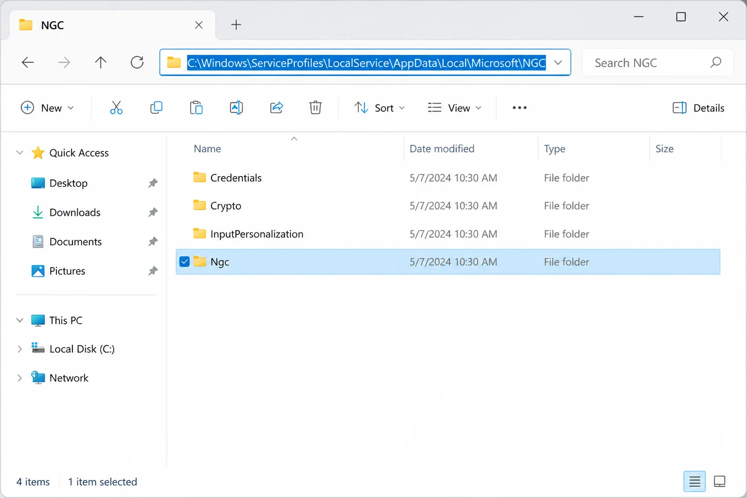File Explorer showing the NGC folder path C:\Windows\ServiceProfiles\LocalService\AppData\Local\Microsoft\NGC in the address bar