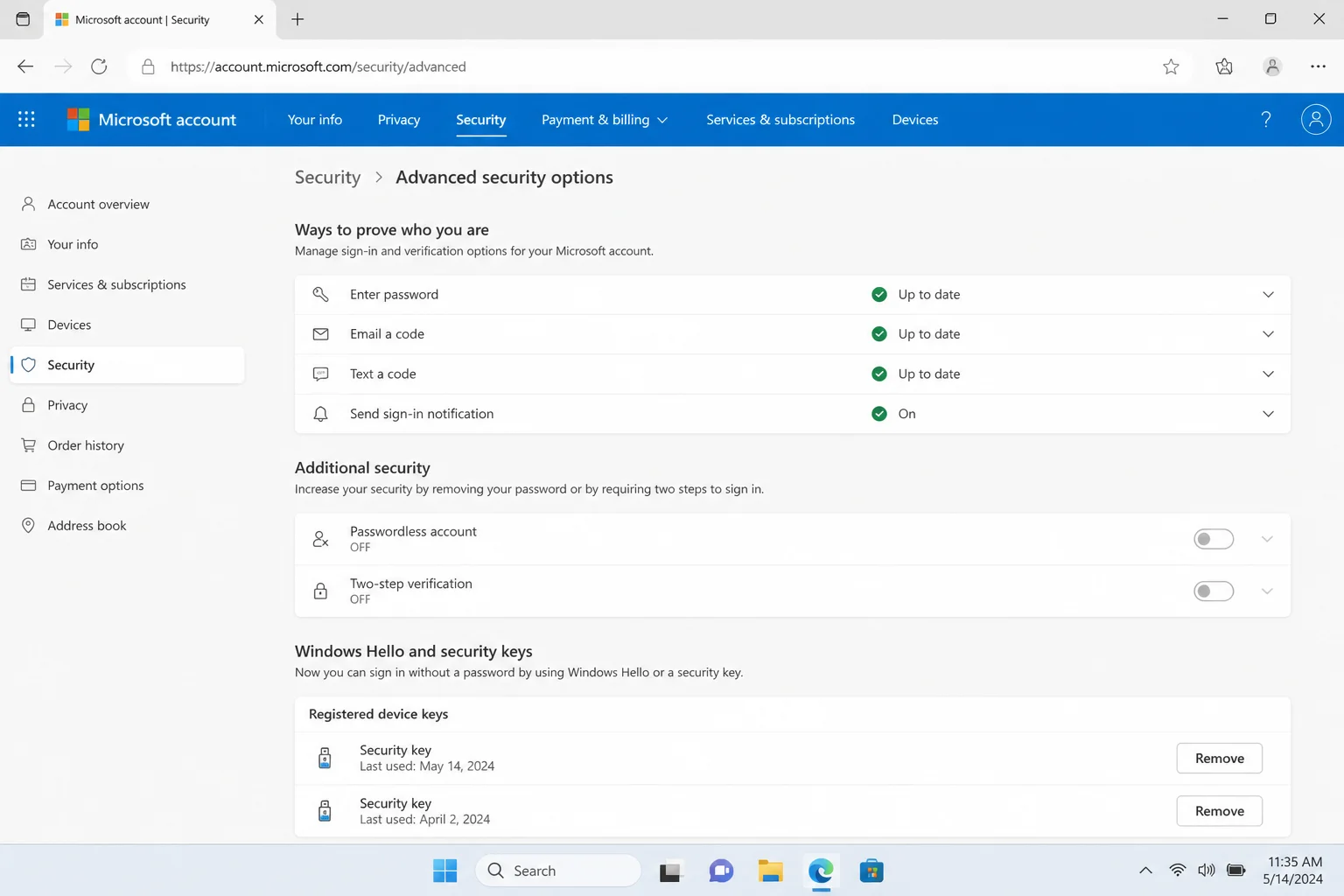 Microsoft account portal showing the Security/> Advanced security options page with the Windows Hello and security keys section visible, including registered device keys with Remove options”/></figure>



<ul class=