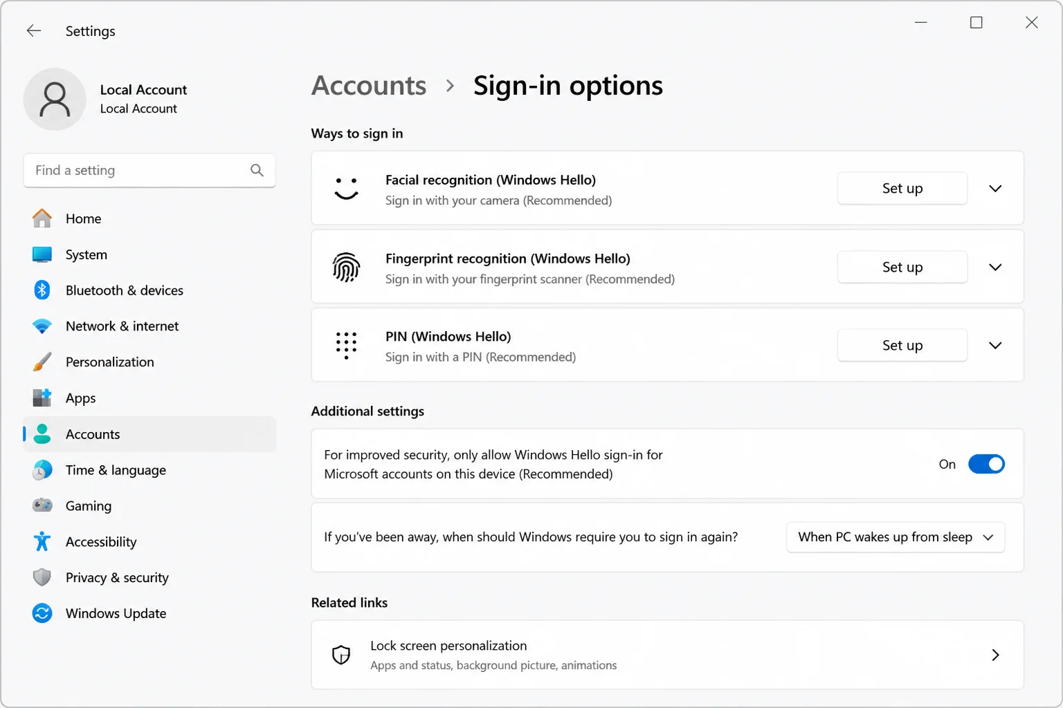 Settings/> Accounts > Sign-in options page showing all three Windows Hello enrollment sections — PIN, Fingerprint recognition, and Facial recognition — with Set up and Remove buttons visible”/></figure>



<blockquote class=