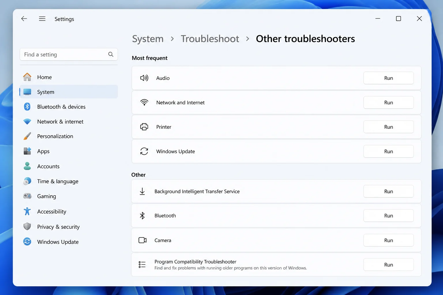 Settings/> System > Troubleshoot > Other troubleshooters page showing the full list of available troubleshooters”/></figure>



<blockquote class=