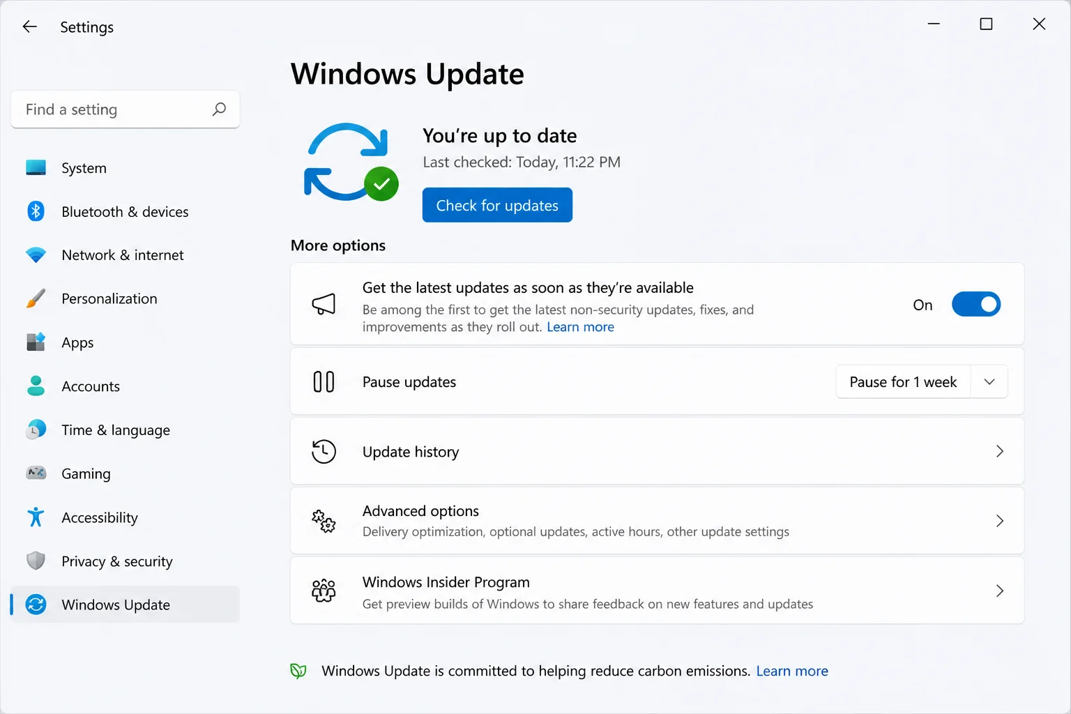 Settings/> Windows Update main page showing the Check for updates button and current update status”/></figure>



<h3 class=