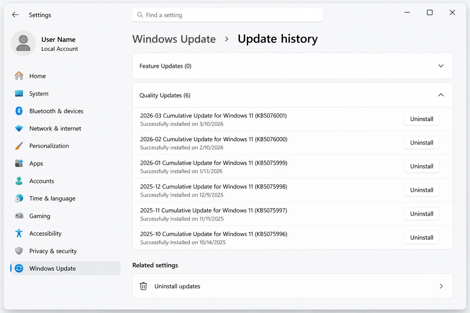 Settings/> Windows Update > Update History > Uninstall Updates panel showing a list of recently installed updates with Uninstall buttons”/></figure>



<blockquote class=
