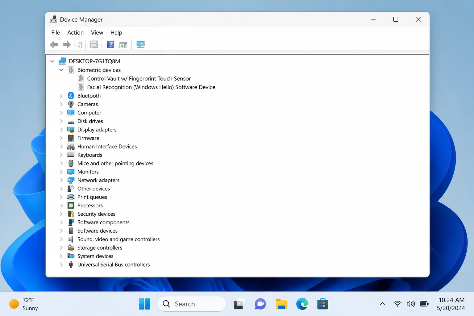 Device Manager with the Biometric devices category expanded showing a fingerprint reader entry, and the Cameras category visible to illustrate where IR cameras may also appear