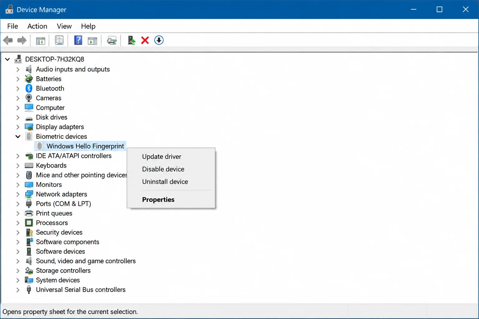 Device Manager right-click context menu on a biometric device showing Update driver, Uninstall device, and Properties options