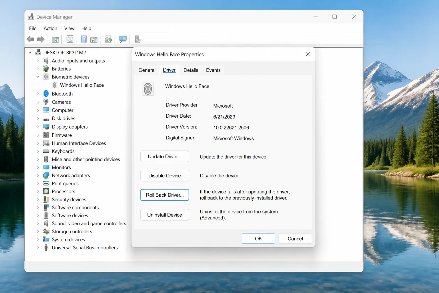 The Driver tab in a biometric device Properties dialog in Device Manager showing the Roll Back Driver button