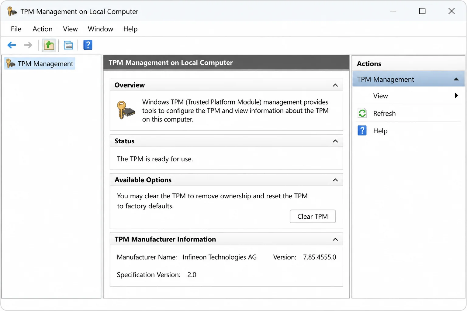 The TPM Management console (tpm.msc) showing TPM status information in the center panel — either a ready status or the 'Compatible TPM cannot be found' message