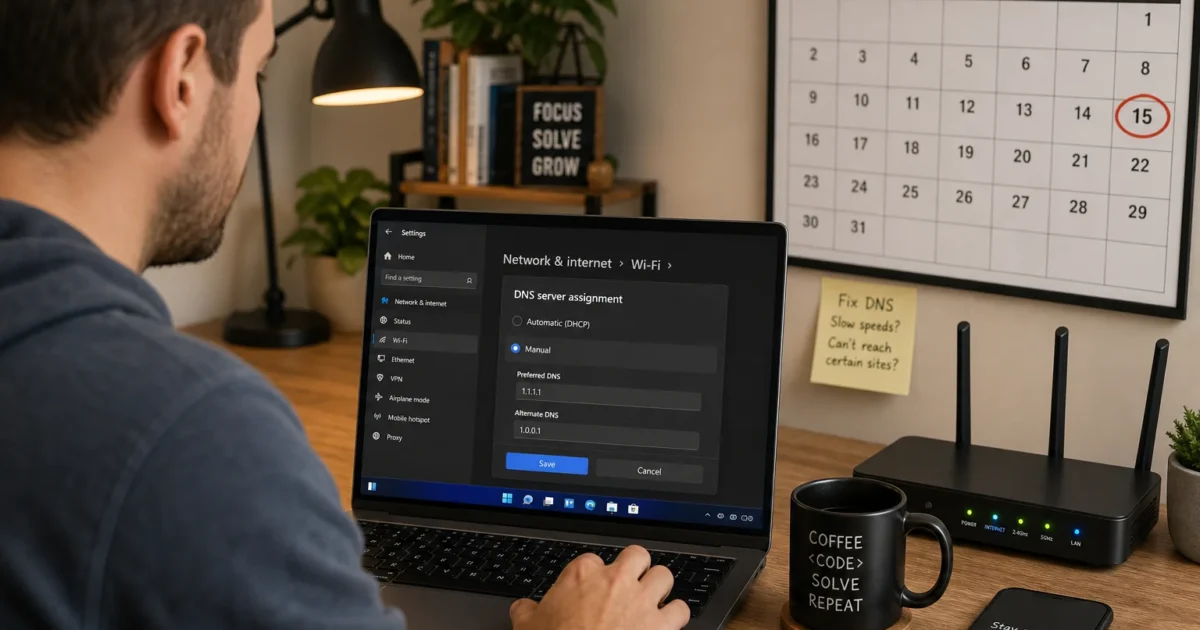 Person at a home desk adjusting DNS settings on a laptop; calendar on wall, router, mug, and smartphone nearby in a cozy workspace.